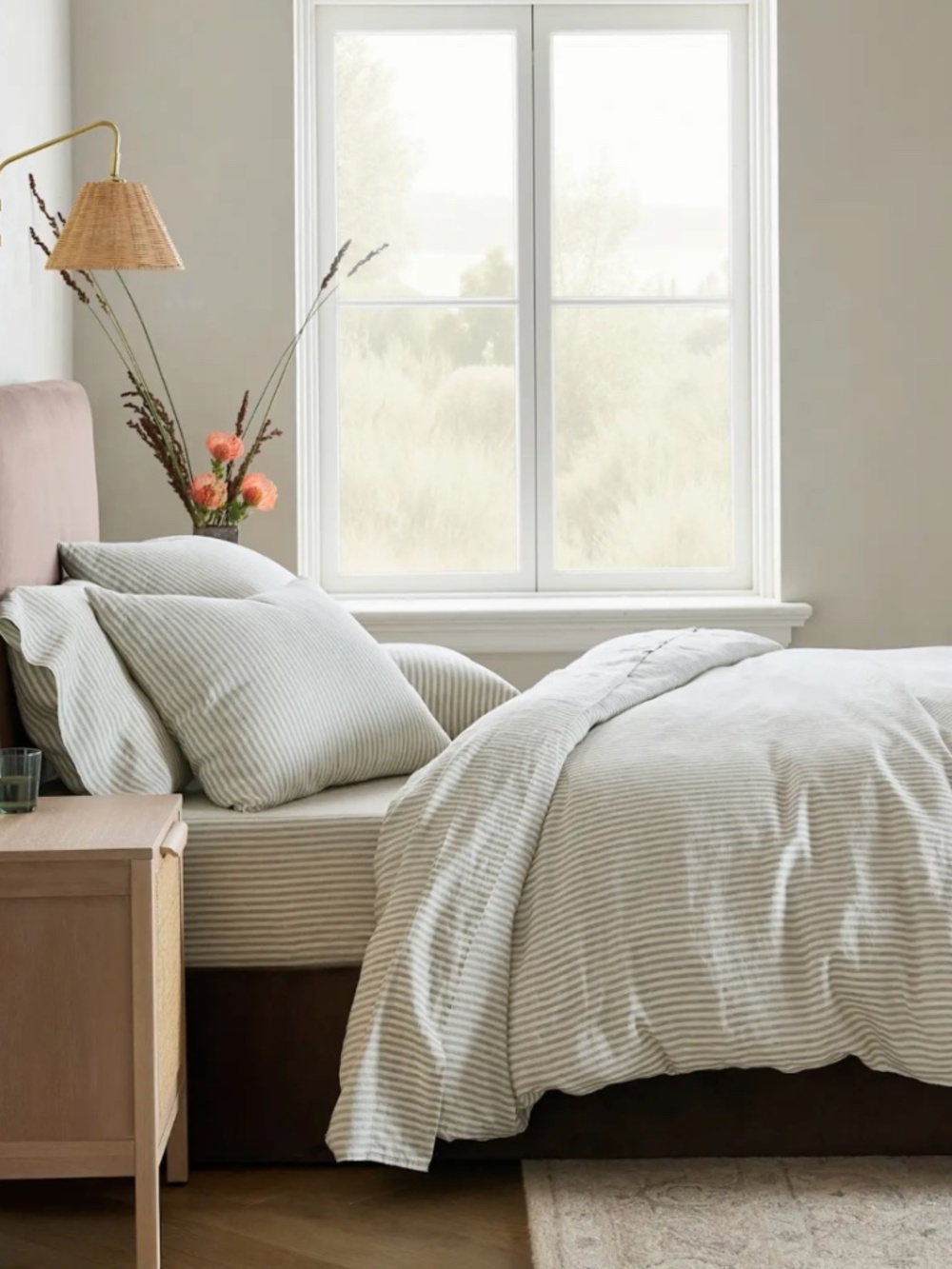 European Linen Stripe Duvet Cover Full/Queen Willowleaf green